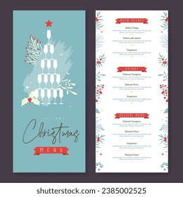 Restaurant Christmas holiday menu design with pyramid of champagne glasses and floral  desoration. Vector illustration