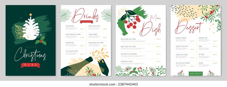 Restaurant Christmas holiday menu design with christmas floral desoration. Vector illustration