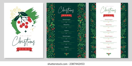 Restaurant Christmas holiday menu design with christmas floral  desoration. Vector illustration