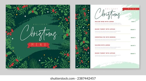 Restaurant Christmas holiday menu design with christmas floral  desoration. Vector illustration