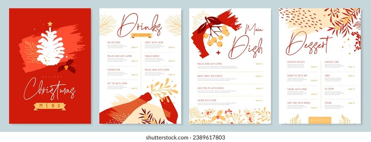 Restaurant Christmas holiday menu design with christmas floral desoration. Vector illustration