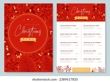 Restaurant Christmas holiday menu design with christmas floral  desoration. Vector illustration