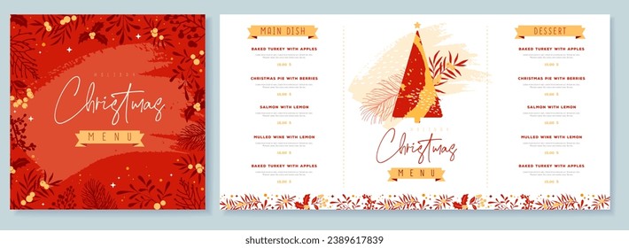 Restaurante de diseño de menú navideño con decoración floral de navidad. Ilustración del vector