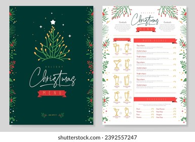 Restaurant Christmas holiday menu design with christmas floral desoration. Vector illustration