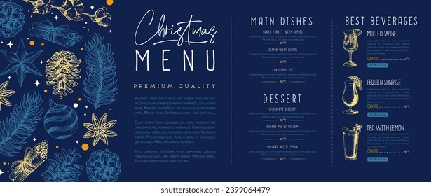 Restaurant Christmas holiday menu design with christmas floral desoration. Vector illustration