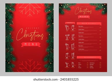 Restaurant Christmas holiday menu design with christmas floral desoration. Vector illustration