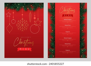 Restaurant Christmas holiday menu design with christmas floral garland on red background. Vector illustration