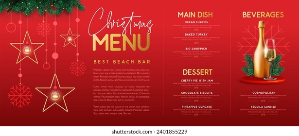 Restaurant Christmas holiday menu design with stars, snowflakes, champagne glass and bottle. Vector illustration
