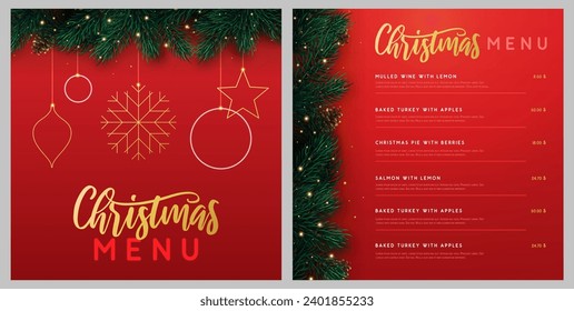 Restaurant Christmas holiday menu design with christmas floral garland on red background. Vector illustration