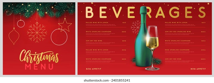 Restaurant Christmas holiday menu design with stars, snowflakes, champagne glass and bottle. Vector illustration