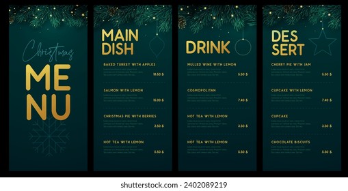 Restaurant Christmas holiday menu design with christmas floral garland on emerald background. Vector illustration