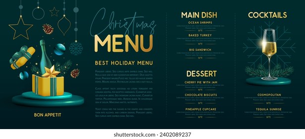 Restaurant Christmas holiday menu design with open gift box, champagne glass, pine cone and snowflakes . Vector illustration