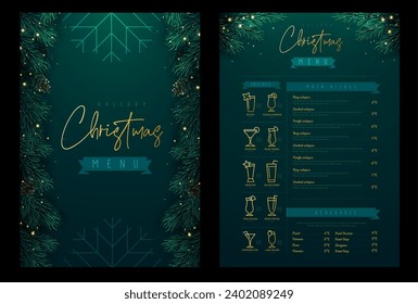 Restaurant Christmas holiday menu design with christmas floral desoration. Vector illustration