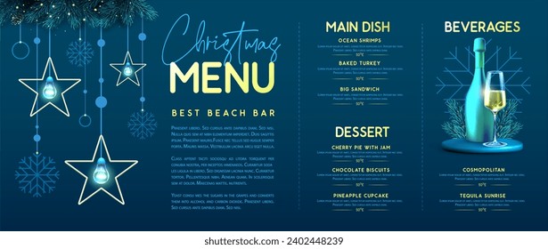 Restaurant Christmas holiday menu design with stars, snowflakes, champagne glass and bottle. Vector illustration