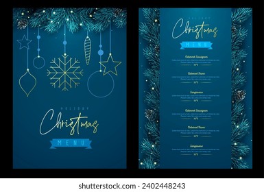 Restaurant Christmas holiday menu design with christmas floral garland on blue background. Vector illustration