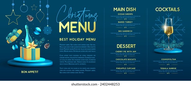 Restaurant Christmas holiday menu design with open gift box, champagne glass, pine cone and snowflakes . Vector illustration