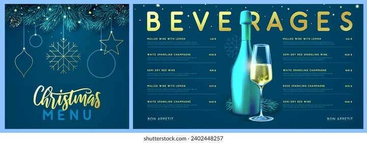 Restaurant Christmas holiday menu design with stars, snowflakes, champagne glass and bottle. Vector illustration