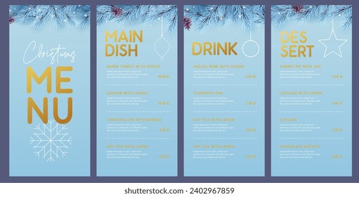 Restaurant Christmas holiday menu design with christmas floral garland on blue background. Vector illustration