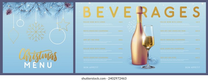 Restaurant Christmas holiday menu design with stars, snowflakes, champagne glass and bottle. Vector illustration