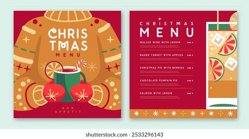 Restaurant Christmas holiday menu design with knitted sweater and hot cup of tea. Vector illustration