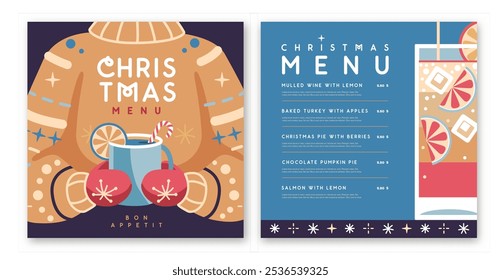 Restaurant Christmas holiday menu design with knitted sweater and hot cup of tea. Vector illustration