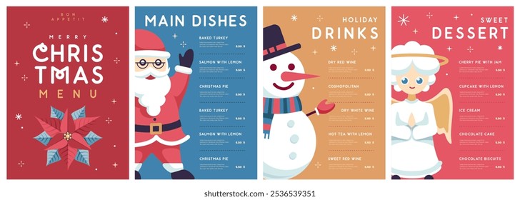 Restaurant Christmas holiday menu design with Santa Claus, snowman and angel. Flat design. Vector illustration