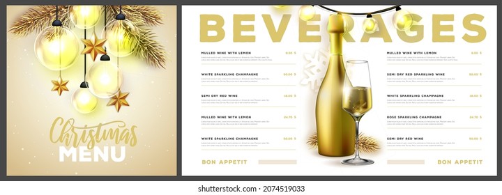 Restaurant Christmas Holiday Wine Menu Design With Christmas Desoration. Vector Illustration