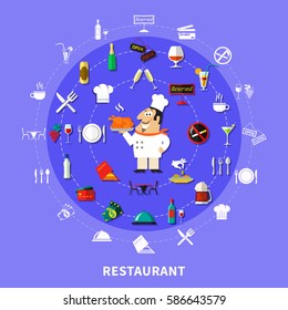 Restaurant circle composition with cartoon cook character surrounded by flat emoji icons dishes and pictogram signs vector illustration