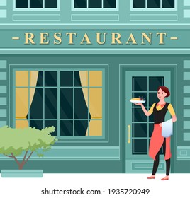 Restaurant city facade, happy waitress in apron holding tray, standing at entrance