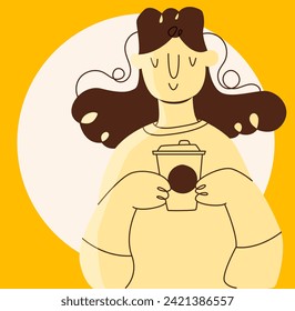 Restaurant client. Bright hand drawn poster with satisfied coffee shop visitor drinking delicious hot coffee from cup. Cute girl with beverage. Cartoon flat vector illustration in doodle style