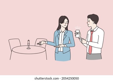 Restaurant client show vaccination QR code on smartphone to waitress. Hostess look at health passport in cellphone. Vaccinated people allowed. Eating in. Flat vector illustration, no license fee. 