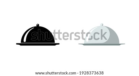 Restaurant cloche. Cafe food serving tray icon set. Covered dish symbol black and silver on white background. Food platter serving signs. Vector isolated illustration