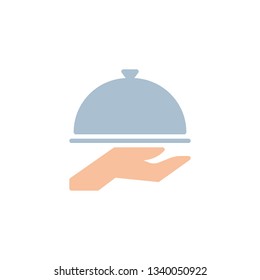 Restaurant cloche flat icon, vector sign, colorful pictogram isolated on white. Food Cover On Hand symbol, logo illustration. Flat style design