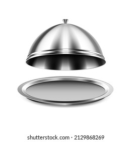 restaurant cloche food plate. metal tray dish. silver platter cover cap 3d realistic vector