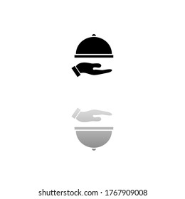 Restaurant cloche in hand. Black symbol on white background. Simple illustration. Flat Vector Icon. Mirror Reflection Shadow. Can be used in logo, web, mobile and UI UX project