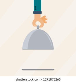 Restaurant cloche in hand. Empty blank food serving tray plate and elegant waiter hand. Flat vector illustration.