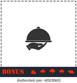 Restaurant cloche in hand icon flat. Simple vector symbol and bonus icon