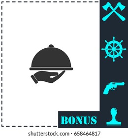 Restaurant cloche in hand icon flat. Simple vector symbol and bonus icon