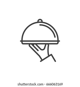 Restaurant cloche in hand line icon, outline vector sign, linear style pictogram isolated on white. Serving food symbol, logo illustration. Editable stroke. Pixel perfect graphics