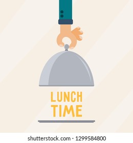 Restaurant Cloche In Hand Lunch Time. Empty Blank Food Serving Tray Plate And Elegant Waiter Hand. Flat Vector Illustration.