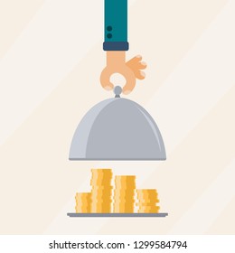 Restaurant cloche in hand. Open food serving tray plate with earnings dividends gold coins. Flat vector illustration return of investment.