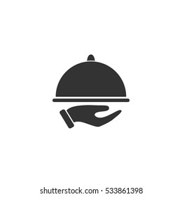 Restaurant cloche in hand the waiter icon flat. Illustration isolated on white background. Vector grey sign symbol