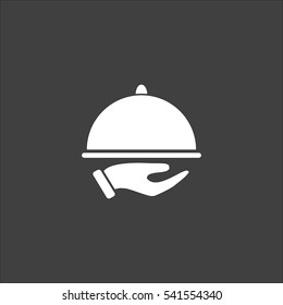 Restaurant cloche in hand the waiter icon flat. Vector white illustration isolated on black background. Flat symbol