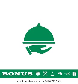 Restaurant cloche in hand the waiter icon flat. Green pictogram on white background. Vector illustration symbol and bonus button