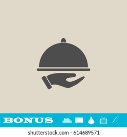 Restaurant cloche in hand the waiter icon flat. Grey pictogram on light background. Vector illustration symbol and bonus button real estate, ottoman, vase, tv, fishing rod