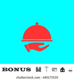 Restaurant cloche in hand the waiter icon flat. Red pictogram on blue background. Vector illustration symbol and bonus buttons Music center, corkscrew, credit card, house, drum