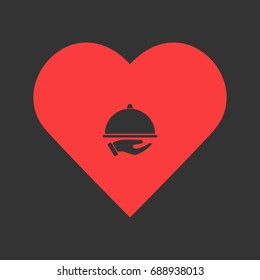 Restaurant cloche in hand the waiter icon flat. Simple pictogram on heart background. Vector illustration symbol