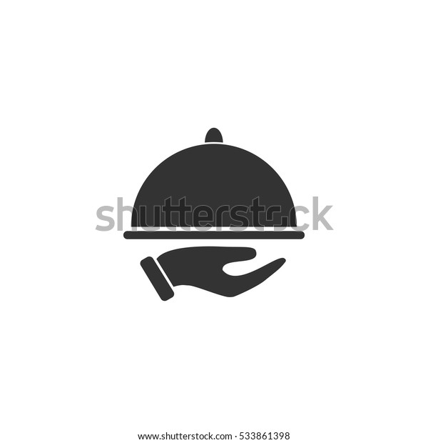 レストランのクロッシュを手にしたウェイターのアイコンフラット 白い背景にイラトス ベクターグレー記号 のベクター画像素材 ロイヤリティフリー