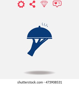 Restaurant cloche in hand the waiter vector icon on grey background.