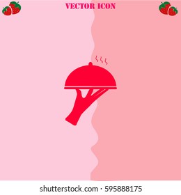 Restaurant cloche in hand the waiter vector  icon. Strawberry Background.